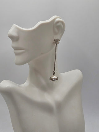 Chanel Faux Pearl Strass Interlocking CC Drop Earrings