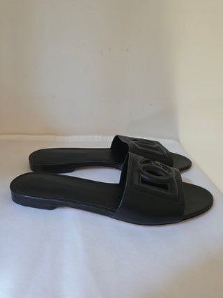 Dolce & Gabbana Black Leather D&G Logo Cutout Sandals 37 sz