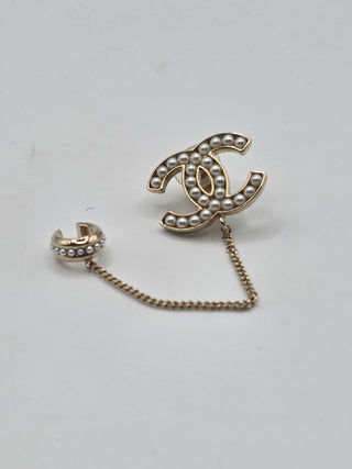 Chanel Gold-tone 2021 Faux Pearl CC Single Ear Cuff Clip-On Earring