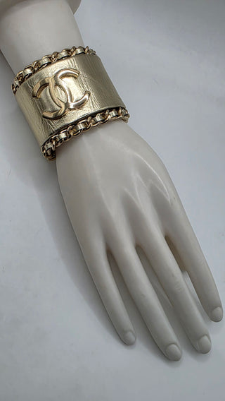 Chanel Gold-tone Leather Interlocking CC Wide Bracelet