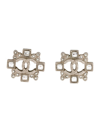 Chanel Silver-tone Strass Interlocking CC Stud Earrings