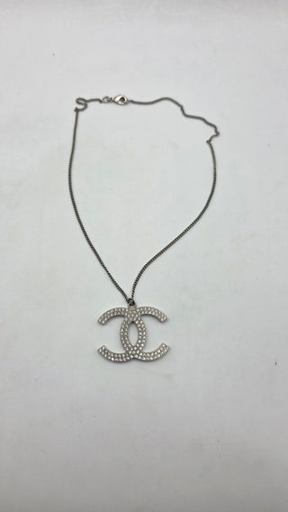Chanel Silver-tone Strass Interlocking Oversized CC Pendant Necklace