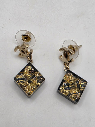 Chanel Gold-tone Black Glitter Resin Interlocking CC Drop Earrings