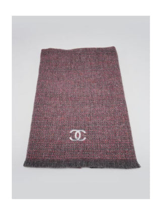 Chanel Grey Pink Cashmere Interlocking CC Metallic Thread Fringe Scarf