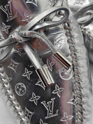 Louis Vuitton Metallic Silver Leather LV Monogram Loafers 38.5 EU