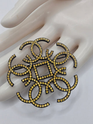 Chanel Black-tone Yellow Strass Interlocking CC Logo Brooch