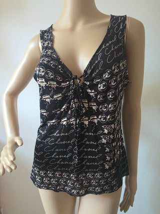 Chanel Black Interlocking CC Logo sleeveless top L sz