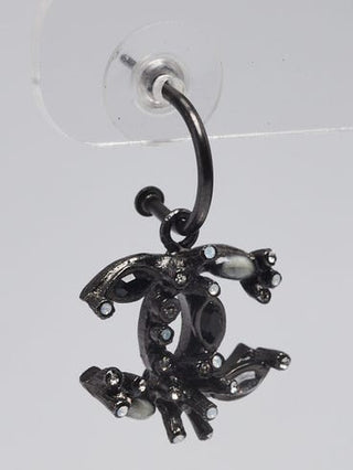Chanel Ruthenium Metal Glitter Resin Crystal Dual Sided CC Drop Earrings
