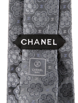 CHANEL Metallic Grey Camellia CC logo Silk Tie