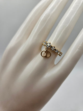 Authentic Christian Dior Gold-tone Crystal CD Charm Cocktail Ring Size: 6