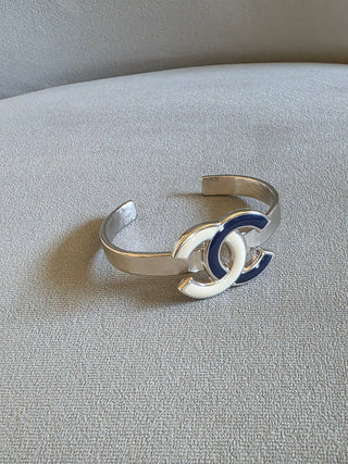 Chanel Silver-tone Interlocking CC Enamel Cuff Bracelet