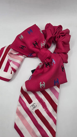Chanel Pink White Interlocking CC 2024 Silk Bow Scrunchie