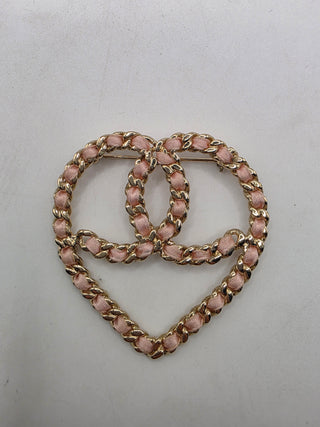 Chanel Gold-tone Silk Chain Woven CC Heart Oversized Brooch
