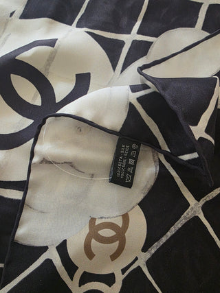 Chanel Black white silk Interlocking CC Logo Scarf