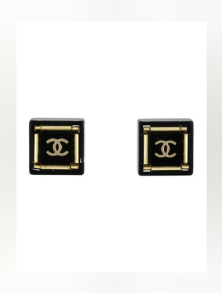 Chanel Gold-tone Black Resin Interlocking CC Stud Earrings