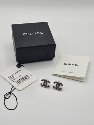 Chanel Silver-tone 2019 Strass Interlocking CC Logo Stud Earrings