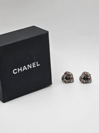 Chanel Faux Pearl & Enamel Heart Stud Earrings