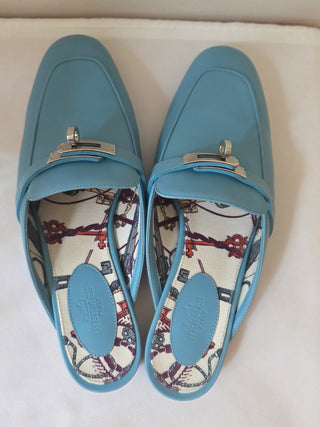 Hermes Ciel Blue Calfskin Leather Palladium Plated Oz Mules 38.5 sz