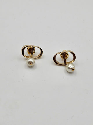 Christian Dior Gold-tone Faux Pearl Petite CD Logo Stud Earrings