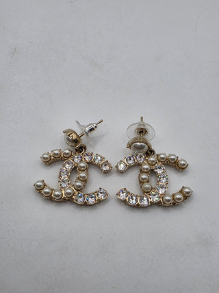 Chanel Gold-tone Faux Pearl Strass Interlocking CC Drop Earrings