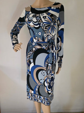 Emilio Pucci Blue Multicolor Printed Knee-Length Dress 6 sz