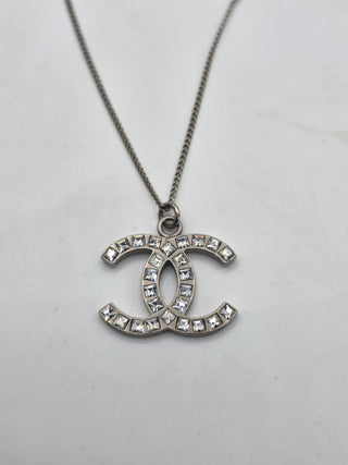 Chanel Silver-tone Strass Interlocking CC Pendant Necklace
