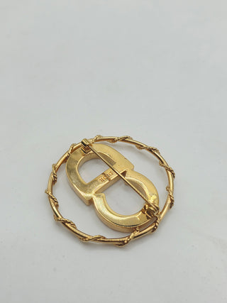 Christian Dior Gold-tone Crystal CD Logo Round Brooch