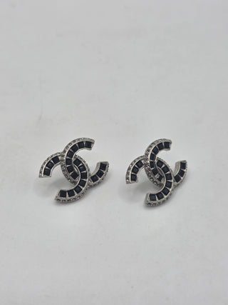 Chanel Silver-tone Interlocking CC Strass Stud Earrings