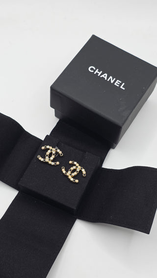 Chanel 2020 Faux Pearl Strass Interlocking CC Stud Earrings