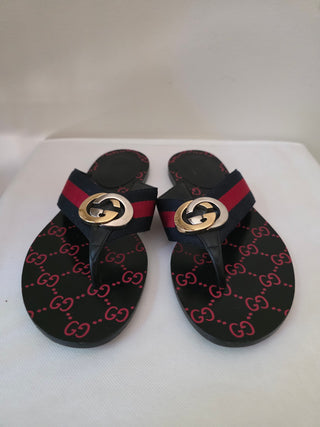 Gucci Blue Red Black Vintage Web Interlocking GG Thong Sandals 36.5 sz