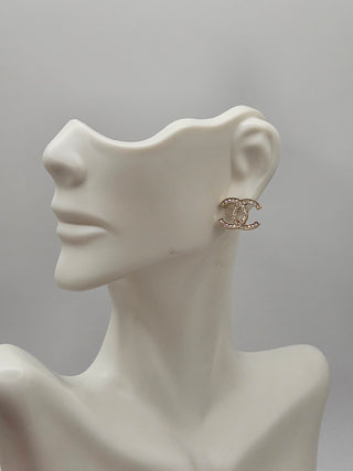 Chanel Gold-tone Strass Interlocking CC Stud Earrings