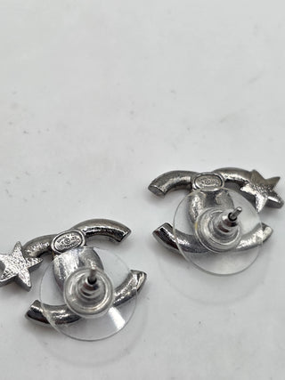 Chanel Silver-tone Strass Interlocking Stud Earrings