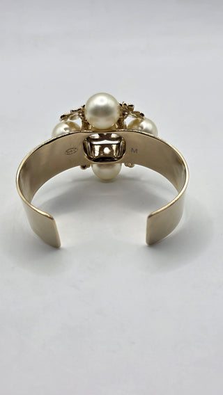 Chanel 2022 Faux Pearl Strass Interlocking CC Clover Cuff Bracelet