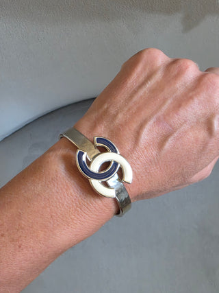 Chanel Silver-tone Interlocking CC Enamel Cuff Bracelet