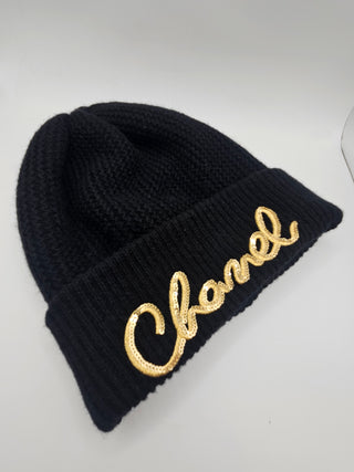 Chanel Gold-tone Sequin Logo Black Cashmere Sequin Beanie