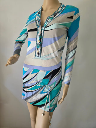 Emilio Pucci Blue Multicolor Signature Print V-Neck Blouse 6 sz