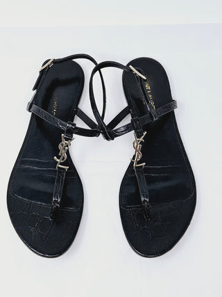 Sexy SAINT LAURENT Black leather Cassandra T-Strap Sandals 38 EU