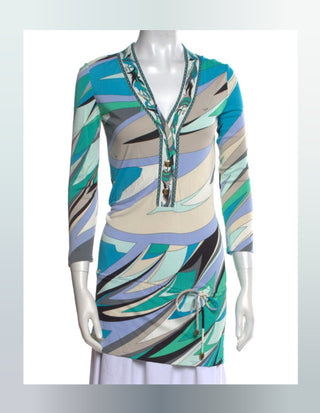 Emilio Pucci Blue Multicolor Signature Print V-Neck Blouse 6 sz
