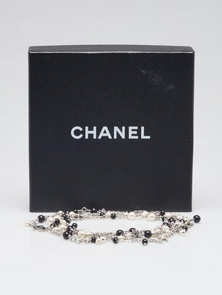 Chanel Silver-tone Black White Bead Glass Pearl Interlocking CC Long Necklace
