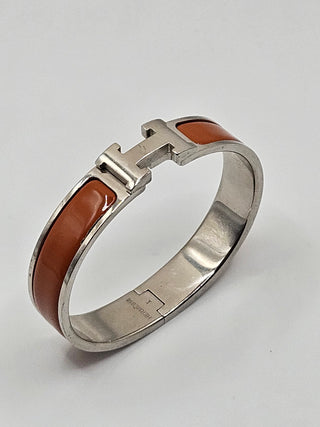 Hermès Orange Enamel Clic H Palladium plated Bangle Bracelet