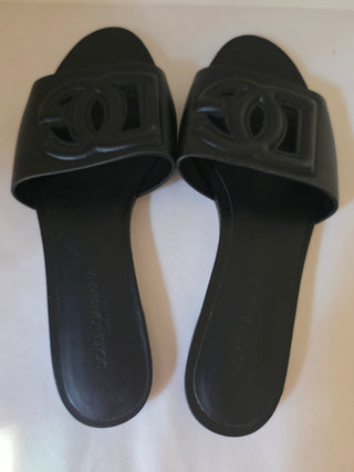 Dolce & Gabbana Black Leather D&G Logo Cutout Sandals 37 sz