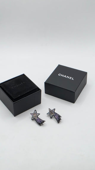 Chanel Black Silver-tone Strass Interlocking CC Shooting Star Earrings