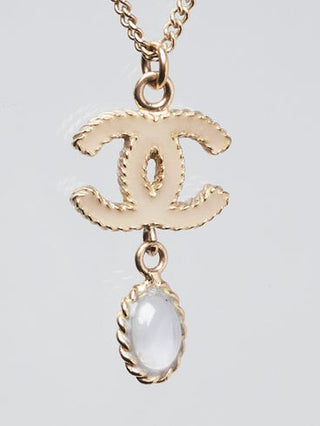 Chanel Goldtone Metal Interlocking CC Pearl Pendant Long Necklace