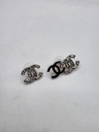 Chanel Silver-tone Strass CC Stud Earrings