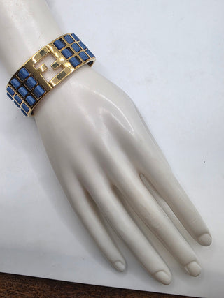 Fendi Blue Leather Gold-tone FF Cuff Bracelet