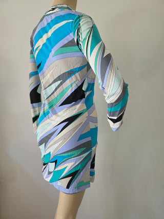Emilio Pucci Blue Multicolor Signature Print V-Neck Blouse 6 sz