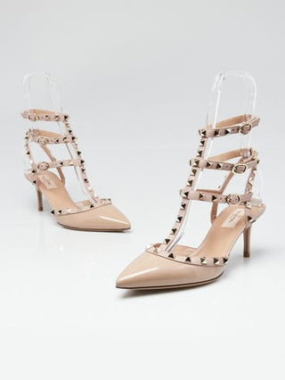 Valentino Beige Patent Leather Rockstud T-Strap Kitten Heels 38.5 sz