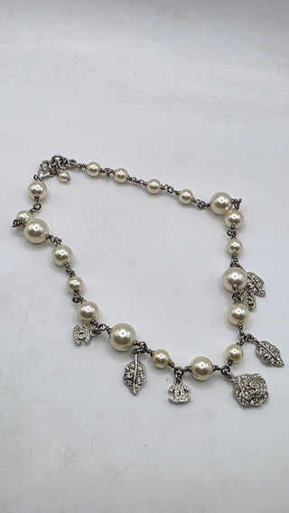 Chanel Faux Pearl Strass Interlocking CC Silver-tone Charm Necklace