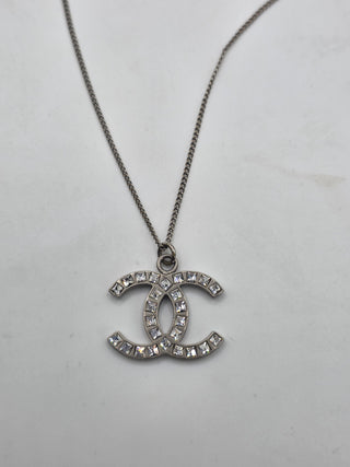 Chanel Silver-tone Strass Interlocking CC Pendant Necklace
