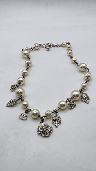 Chanel Faux Pearl Strass Interlocking CC Silver-tone Charm Necklace